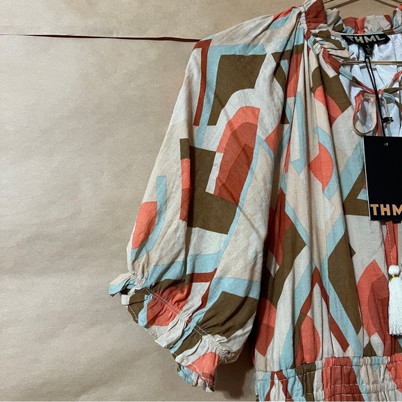 THML | NWT Mia Midi Dress Tie Neck Smocked Tiered Popover Geometric Print Size S - Picture 6 of 14